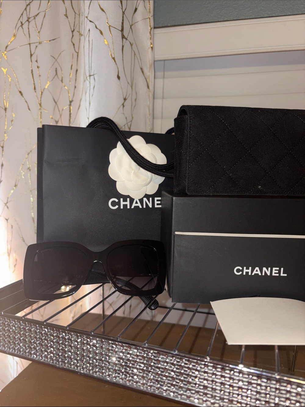 CHANEL Black Oversized Square Sunglasses with Quilted Case
